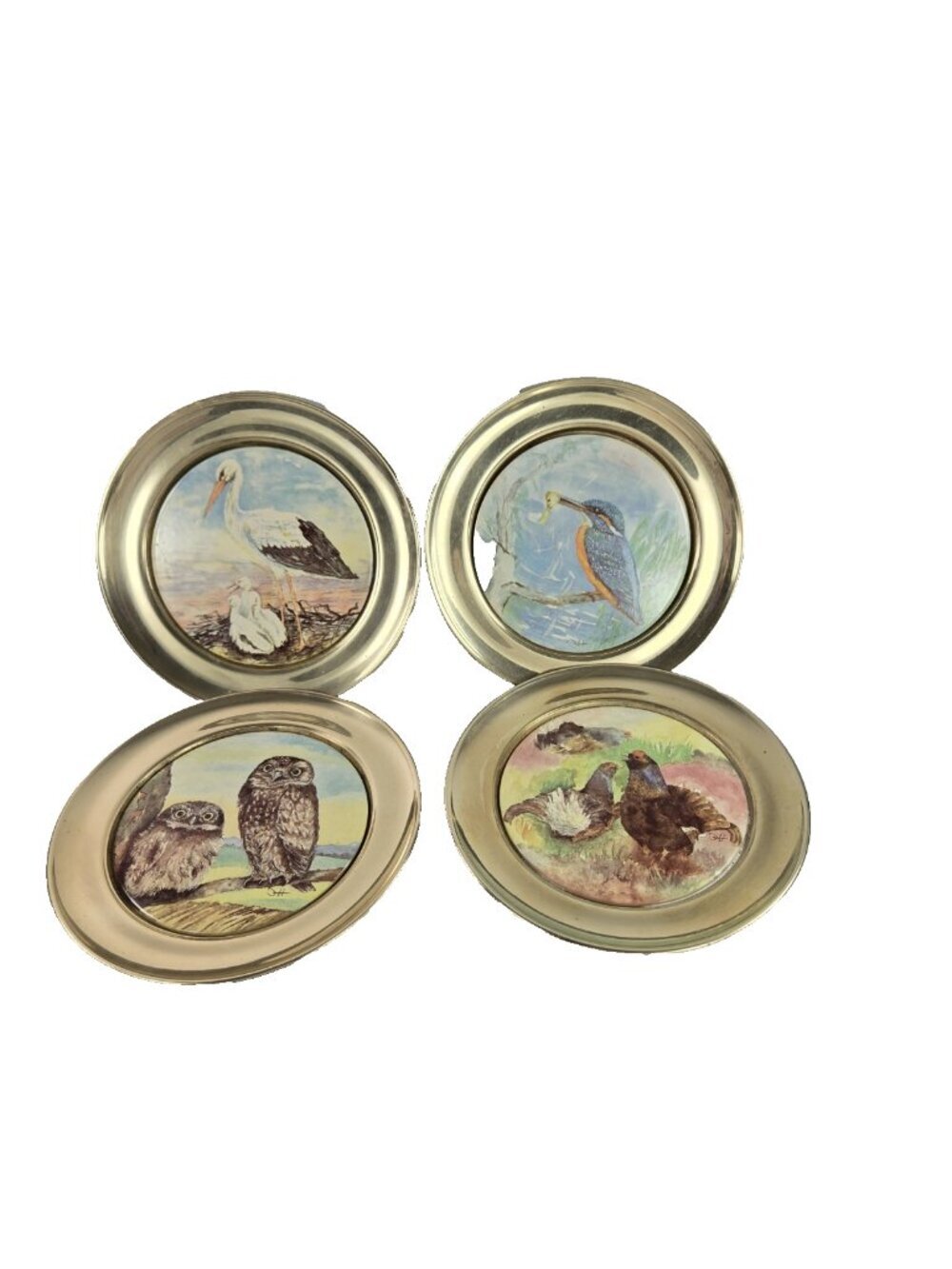 Vintage Berendsohn Ceramic Plate Lot w Brass Frame Birds Owls Cottagecore Rustic